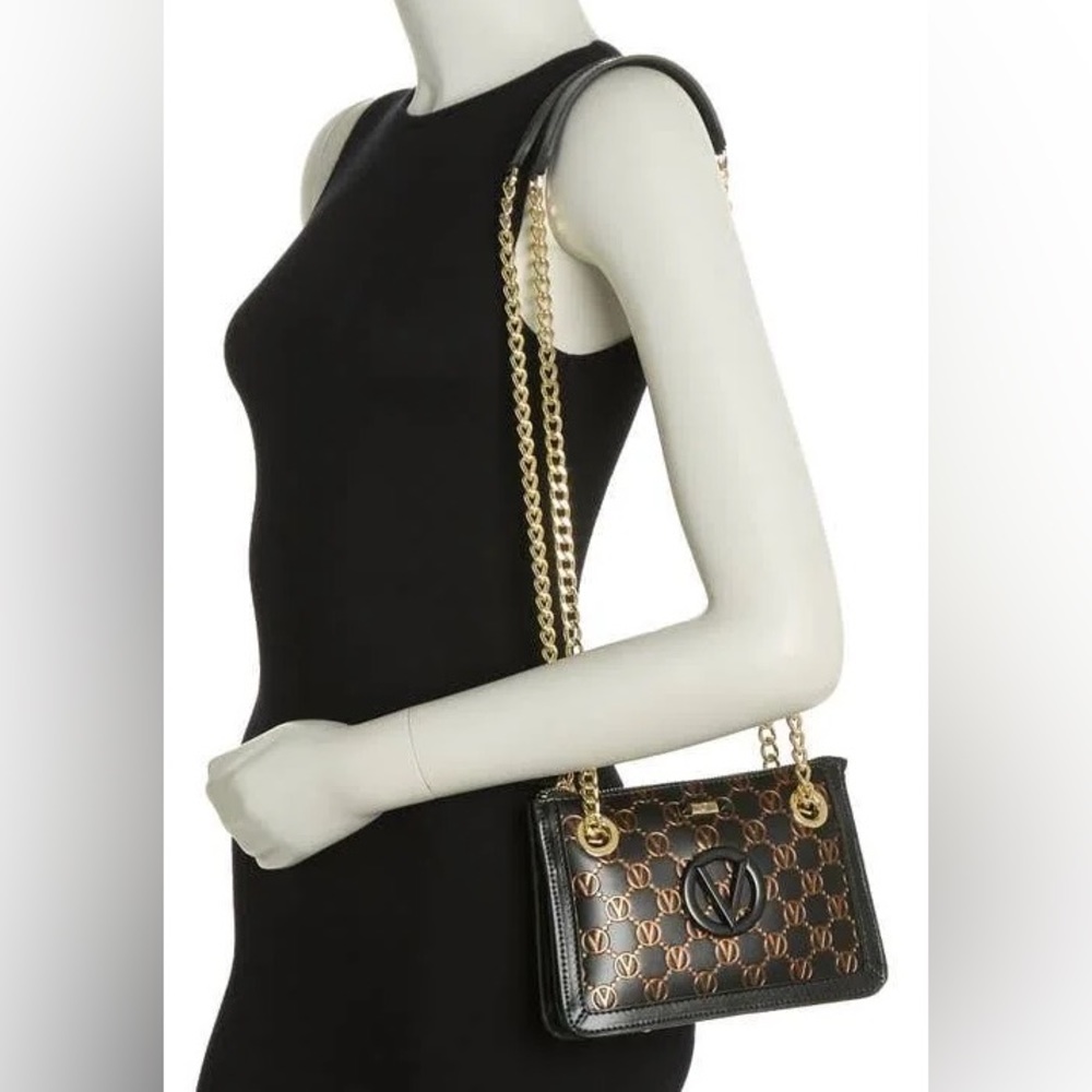 Valentino Monogram Leather Shoulder Bag in Black and gold monogram